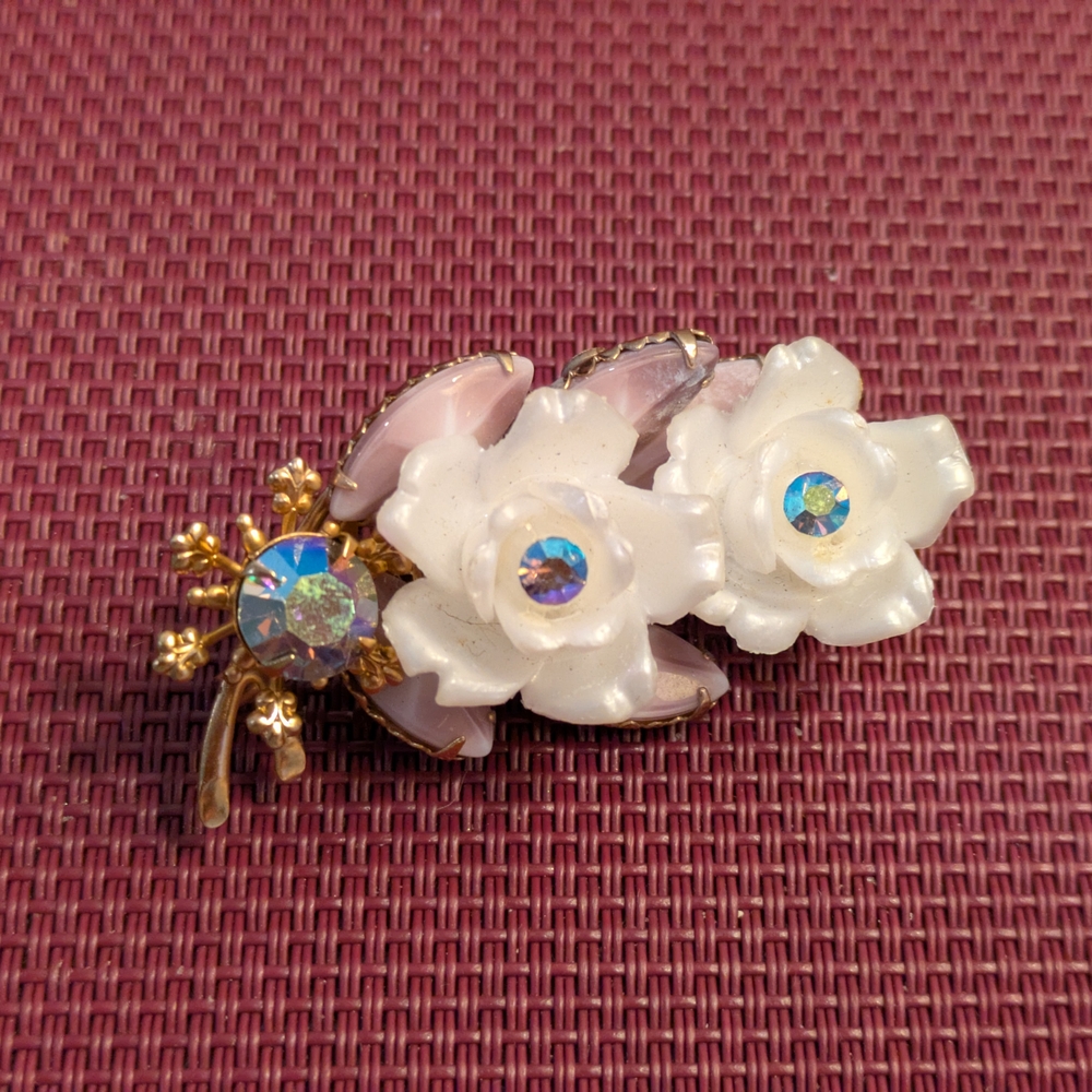Vintage 1960s Brooch White and Aurora Borealis Crystal